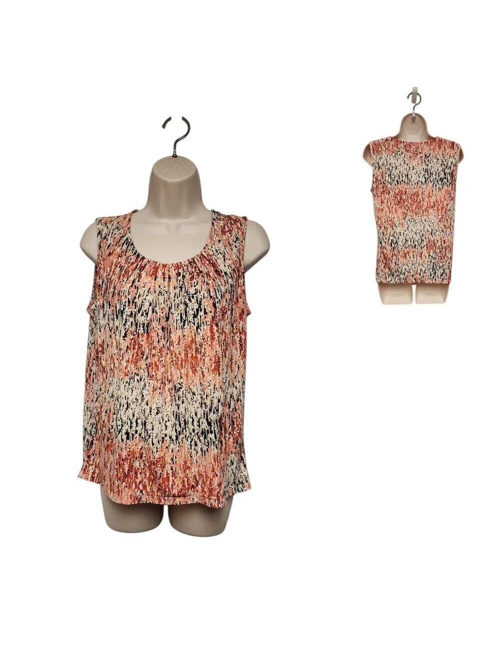 Kasper Pleated Neck Accent Multicolor Orange Striped Sleeveless Top Size Small
